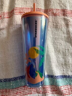 Starbucks Iridescent Blue Tumbler with Orange Lid and Straw